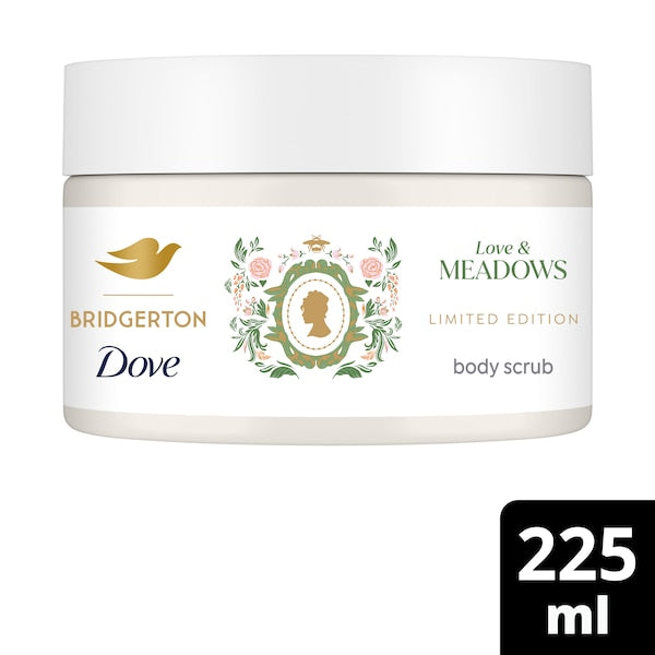 Dove Bridgerton body scrub jar with branding and product details on a white background