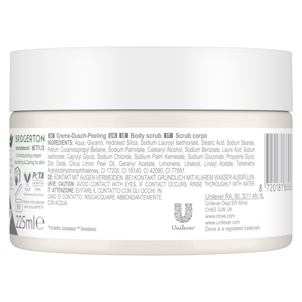 Dove body scrub container with label on a white background