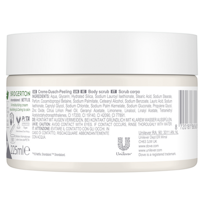 Dove body scrub container with label on a white background