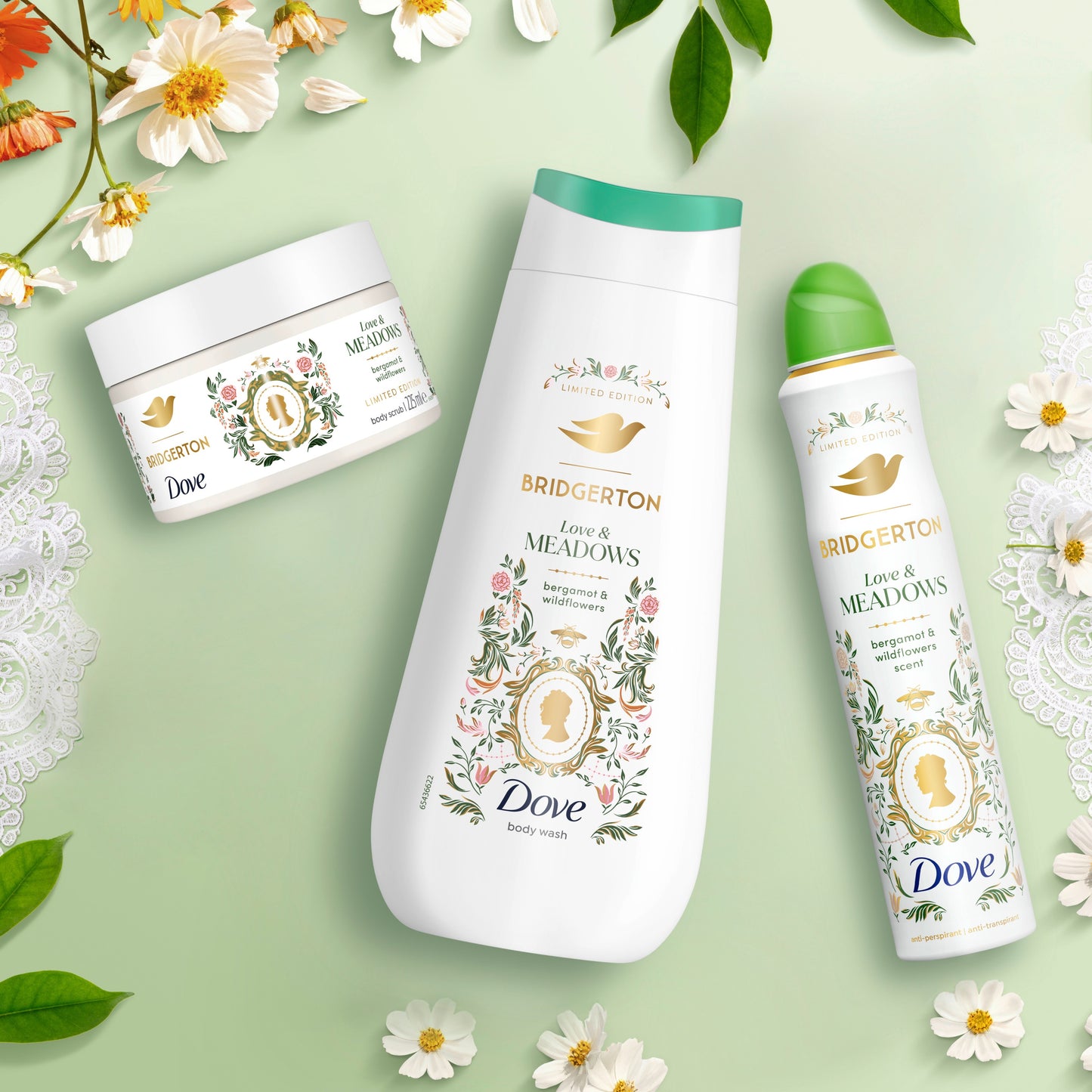 Dove Bridgerton products on a light green background with flowers