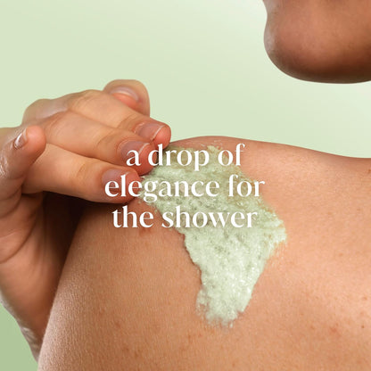 Hand applying a Dove green skincare product to skin with text 'a drop of elegance for the shower' on a light green background.