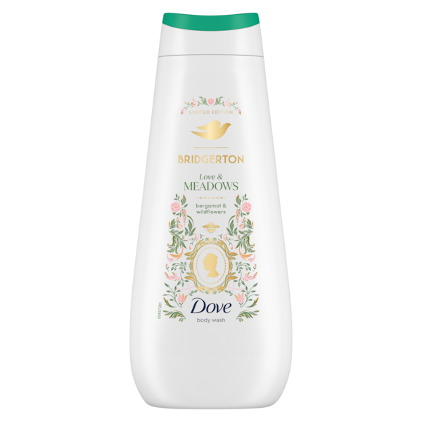 Dove body wash bottle with Bridgerton branding on a white background