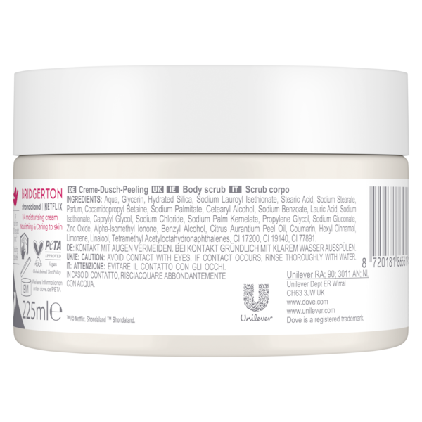 Dove body scrub container with label on a white background