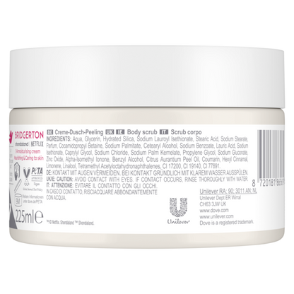 Dove body scrub container with label on a white background