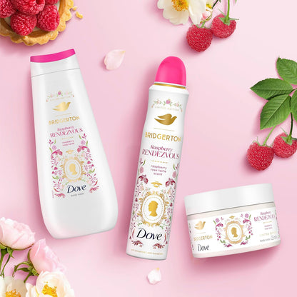 Dove Bridgerton Raspberry Rendezvous skincare products on a pink background with raspberries and flowers.