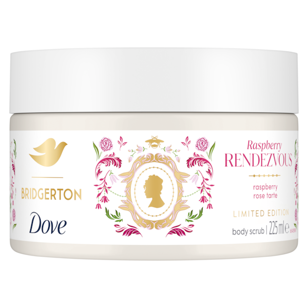 Bridgerton Dove Raspberry Rendezvous body scrub jar on a white background