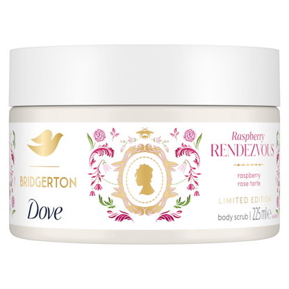 Bridgerton Dove Raspberry Rendezvous body scrub jar on a white background