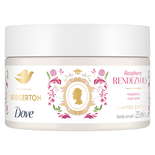 Bridgerton Dove Raspberry Rendezvous body scrub jar on a white background