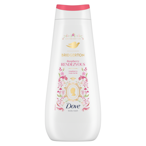 Dove body wash bottle with Bridgerton branding on a white background