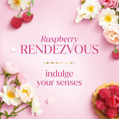 Decorative image with raspberries and flowers on a pink background, featuring the text 'Raspberry RENDEZVOUS indulge your senses'.