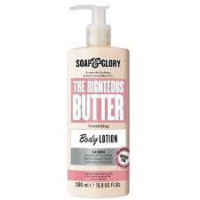 Soap & Glory The Righteous Butter Body Lotion 500ml bottle with pump for ultra-hydration and a silky-smooth finish.