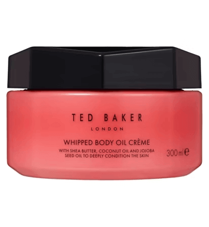 Ted Baker Peony & Camellia Whipped Body Oil Crème 300ml in pink container, infused with shea butter and coconut oil.