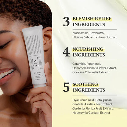 Woman holding a Dr. Althea skincare product with listed ingredients on a beige background