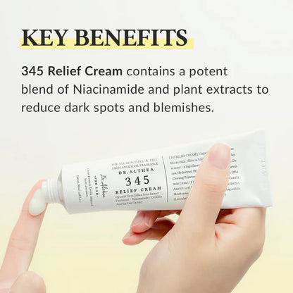 Hand holding a tube of Dr. Althea 345 Relief Cream with text about its key benefits on a light yellow background.