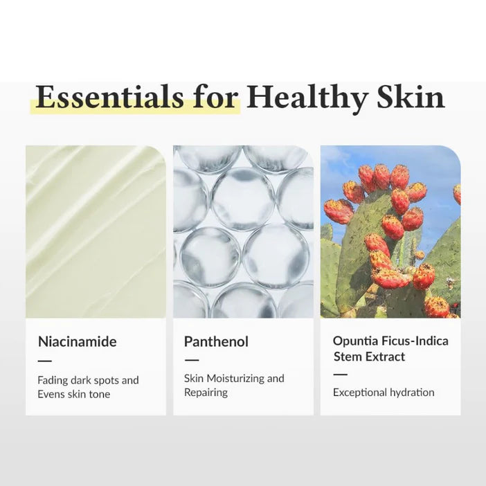 Dr. Althea Product display with images of niacinamide, panthenol, and opuntia ficus-indica stem extract, labeled as essentials for healthy skin.