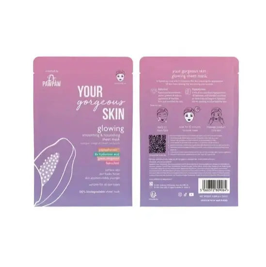 Dr. Paw Paw Your Gorgeous Skin Glowing Sheet Mask packaging showcasing hydrating and rejuvenating features for all skin types.
