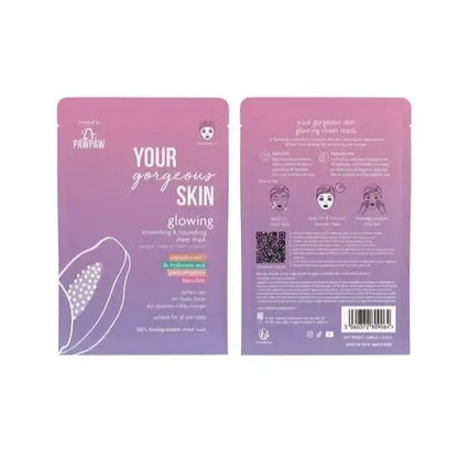 Dr. Paw Paw Your Gorgeous Skin Glowing Sheet Mask packaging showcasing hydrating and rejuvenating features for all skin types.