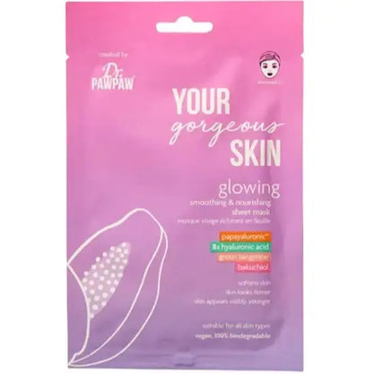 Dr. Paw Paw Your Gorgeous Skin Glowing Sheet Mask packaging, highlighting hydration and rejuvenation for all skin types.