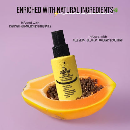 Dr. PawPaw skincare product in a papaya half on a purple background