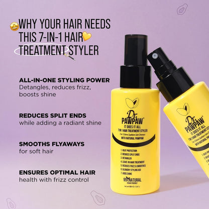 Yellow hair treatment styler bottle with black text on a purple background