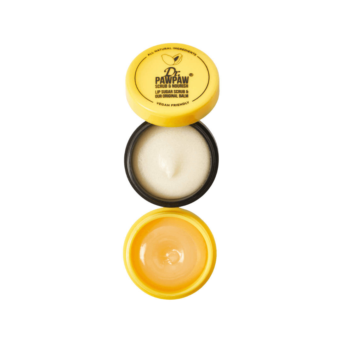 Dr. Pawpaw Scrub & Nourish 2-in-1 lip scrub and balm in stackable pot showcasing natural ingredients.