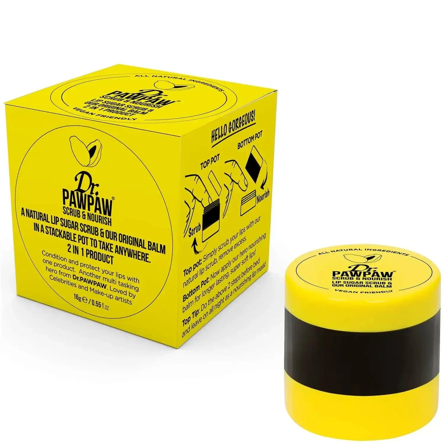 Dr. Pawpaw Scrub & Nourish 2 in 1 lip scrub and balm in stackable pot packaging, showcasing natural ingredients.