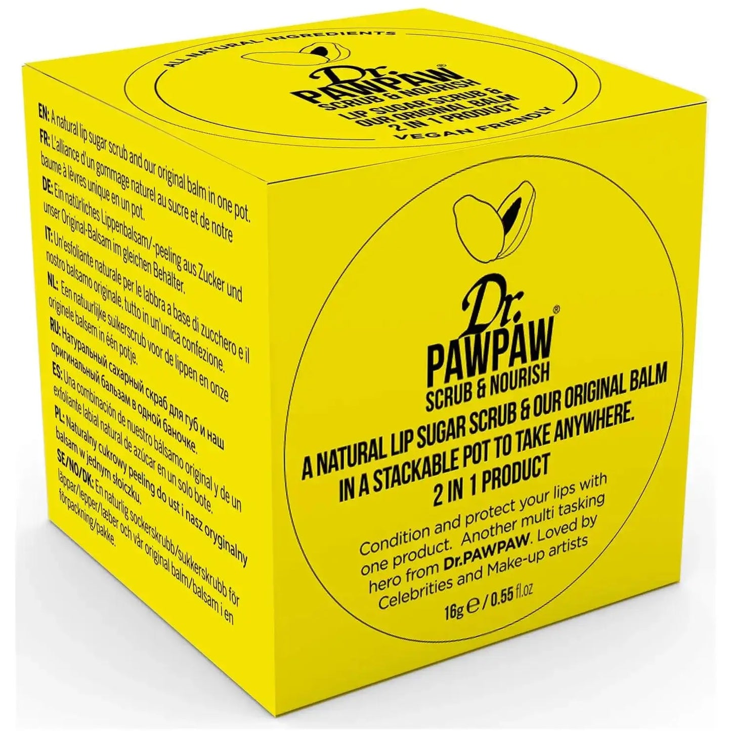 Dr. Pawpaw Scrub & Nourish 2 in 1 product, vegan lip scrub and balm in a stackable pot for soft lips.