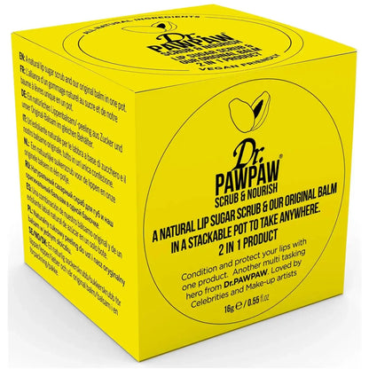 Dr. Pawpaw Scrub & Nourish 2 in 1 product, vegan lip scrub and balm in a stackable pot for soft lips.
