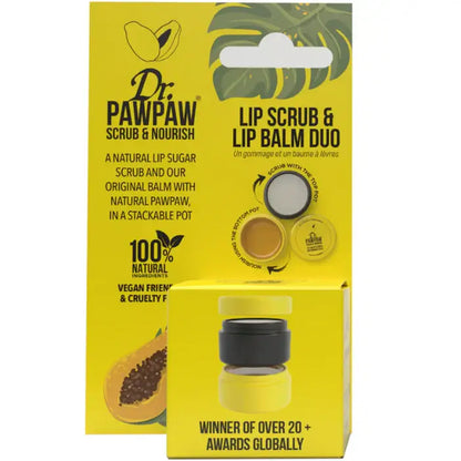 Dr. Pawpaw lip scrub and lip balm duo packaging on a white background