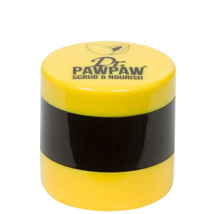 Dr. Pawpaw Scrub & Nourish 2 in 1 lip scrub and balm in bright yellow packaging.