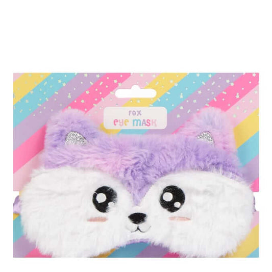Cute fox eye mask with plush fur in pastel colors for cozy bedtime fun.