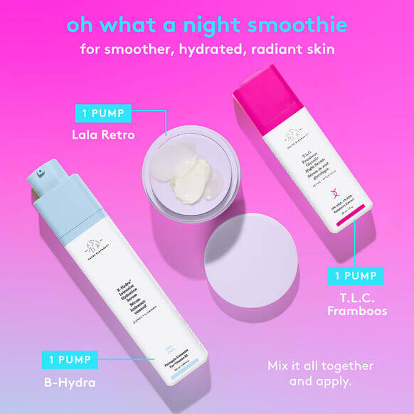 Three Drunk Elephant skincare products with pump dispensers on a pink background, labeled 'Lala Retro', 'TLC Framboes', and 'B-Hydra'.