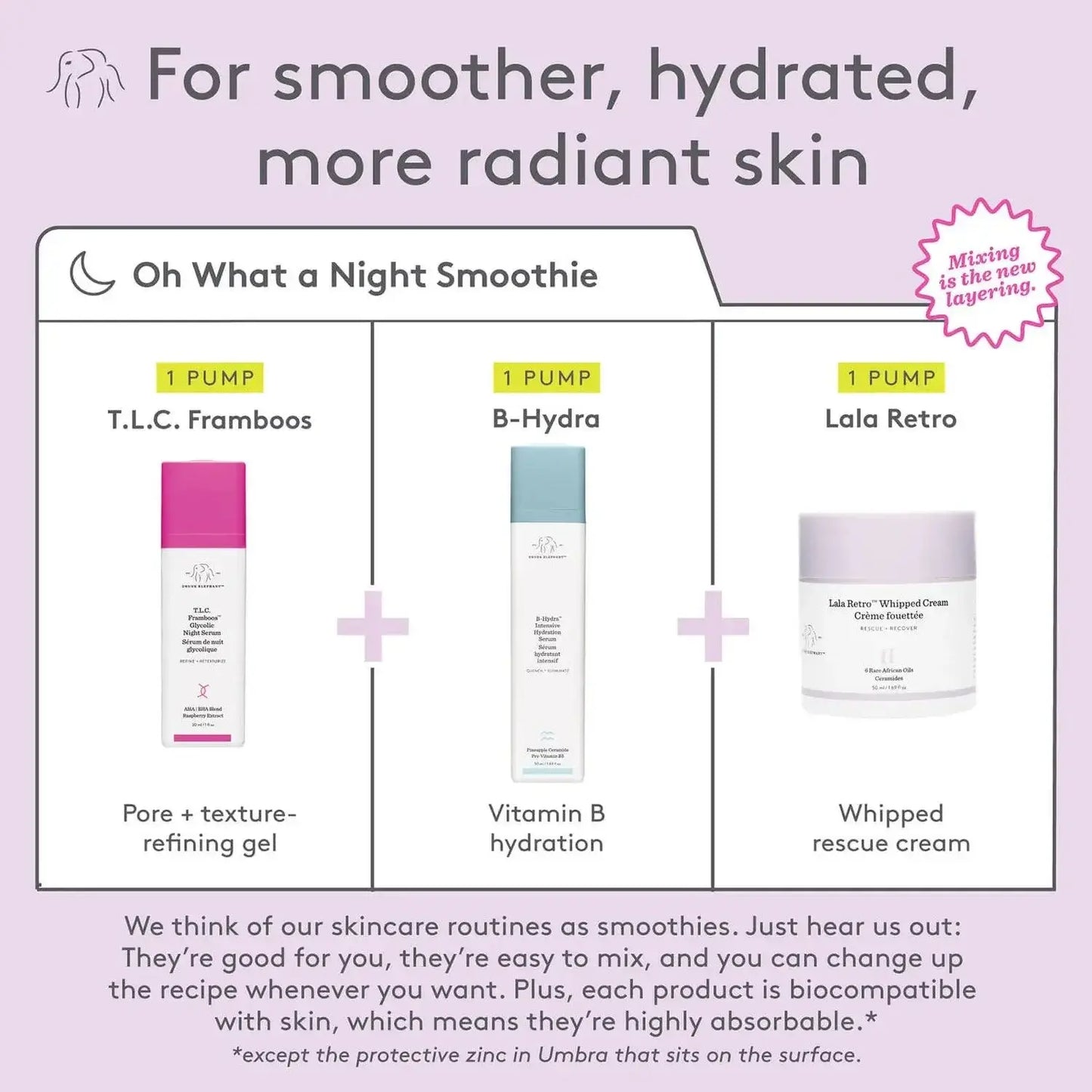 Graphic showing Drunk Elephant skincare routine with T.L.C. Framboos, B-Hydra, and Lala Retro for radiant skin.