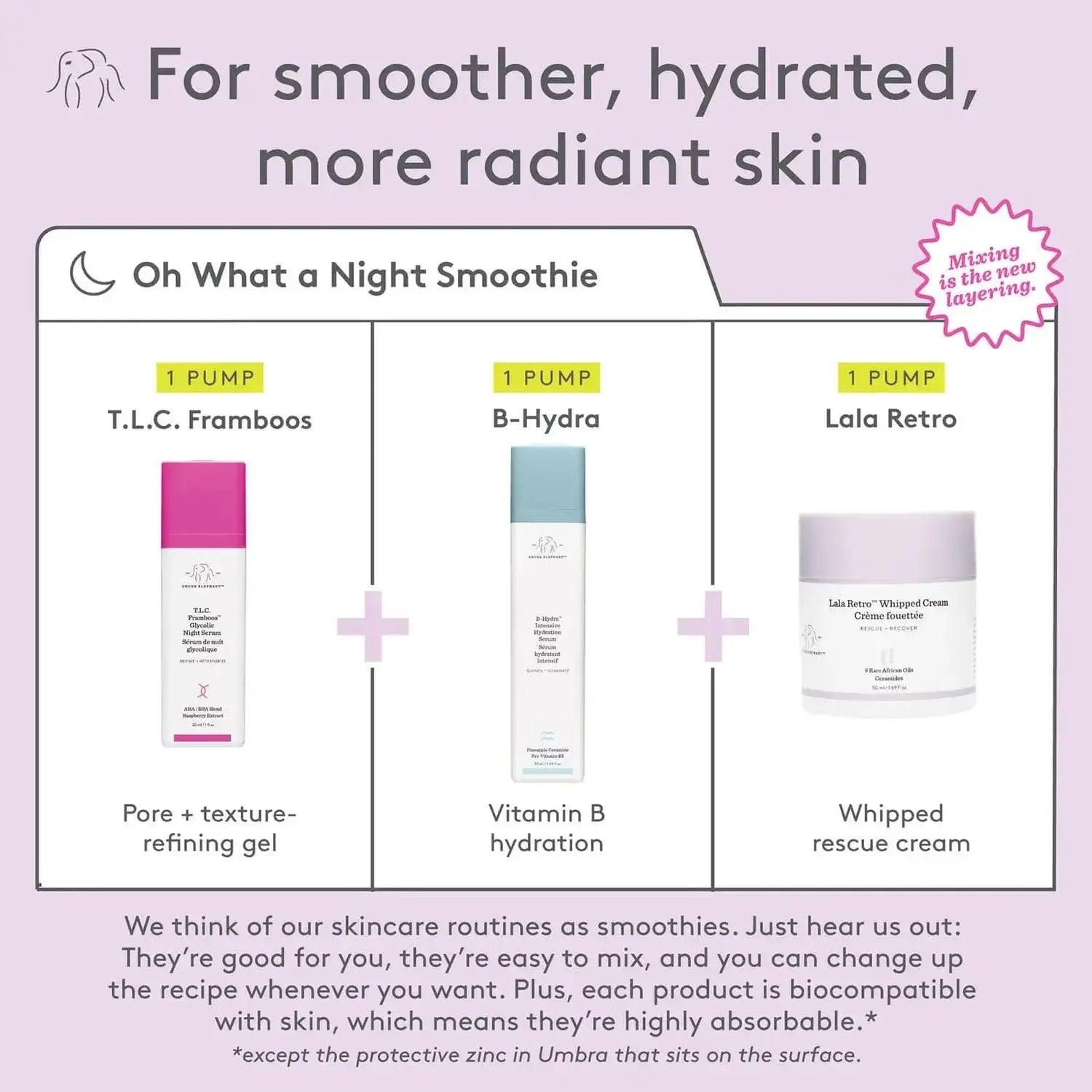 Graphic showing Drunk Elephant skincare routine with T.L.C. Framboos, B-Hydra, and Lala Retro for radiant skin.