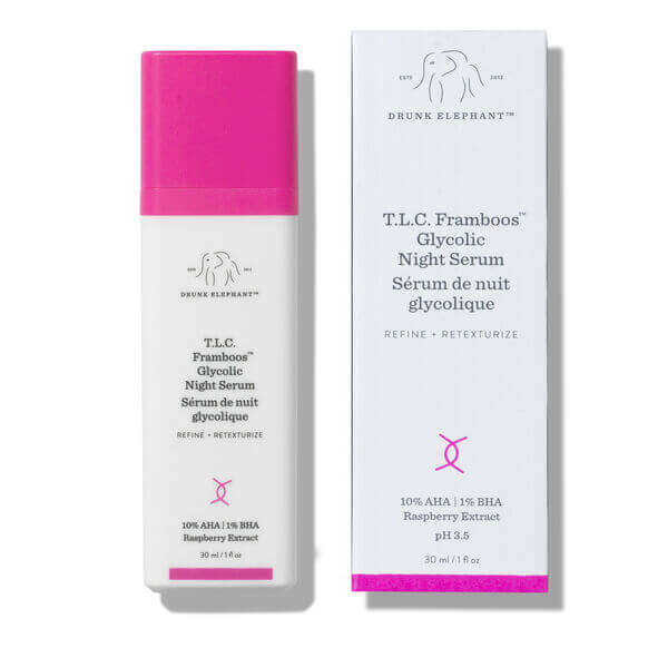 Drunk Elephant T.L.C. Framboos™ Glycolic Night Serum 30ml bottle with packaging for radiant skin.