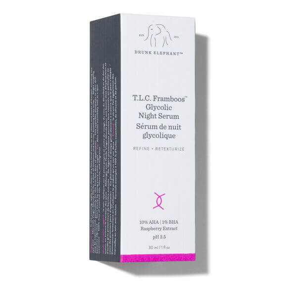 Drunk Elephant T.L.C. Framboos Glycolic Night Serum packaging on a white background