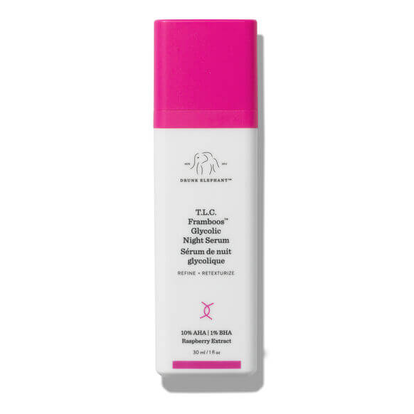Drunk Elephant T.L.C. Framboos Glycolic Night Serum bottle with pink cap and label on a white background