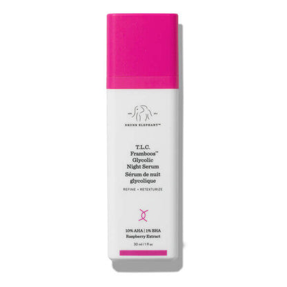 Drunk Elephant T.L.C. Framboos Glycolic Night Serum bottle with pink cap and label on a white background