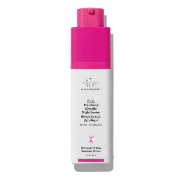 Drunk Elephant T.L.C. Frumbose Glycolic Night Serum bottle with pink cap on a white background