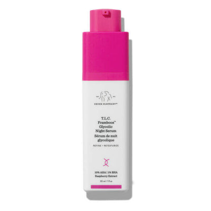 Drunk Elephant T.L.C. Frumbose Glycolic Night Serum bottle with pink cap on a white background