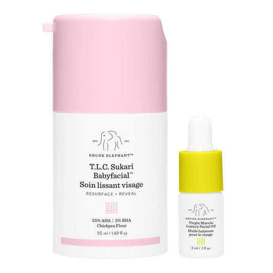 Drunk Elephant T.L.C. Sukari Babyfacial with brightening AHA/BHA blend for radiant, smooth skin in 50ml packaging.