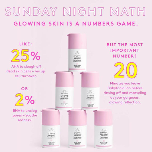 Stacked Drunk Elephant T.L.C. Sukari Babyfacial bottles highlighting AHA and BHA percentages for glowing skin benefits.