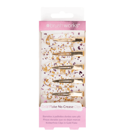 Brushworks Gold Flake No Crease Clips packaging featuring stylish, lightweight hair clips that prevent kinks while styling.