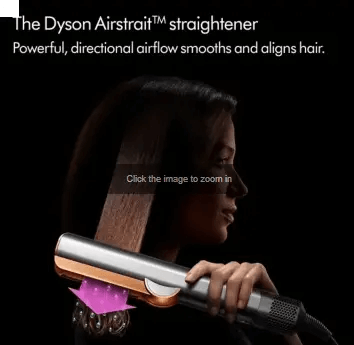 Dyson Airstrait™ straightener smoothing hair with directional airflow in bright nickel and rich copper.