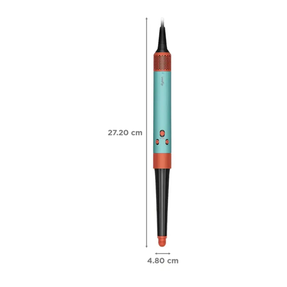 Dyson Airwrap I.D. Patina & Topaz hairstyling tool dimensions showing length and width.