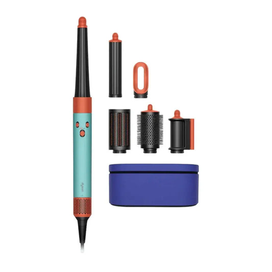 Dyson Airwrap I.D. Patina & Topaz styling tool with attachments and storage case for versatile hair styling.