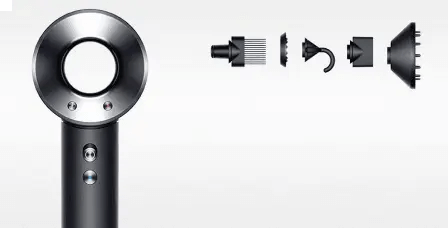 Dyson Supersonic Hair Dryer Black/Nickel with multiple styling attachments displayed for versatile hair styling.