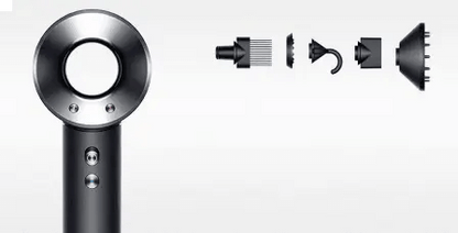 Dyson Supersonic Hair Dryer Black/Nickel with multiple styling attachments displayed for versatile hair styling.