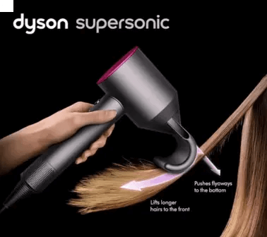 Dyson Supersonic Hair Dryer in Black/Nickel with flyaway attachment styling hair.