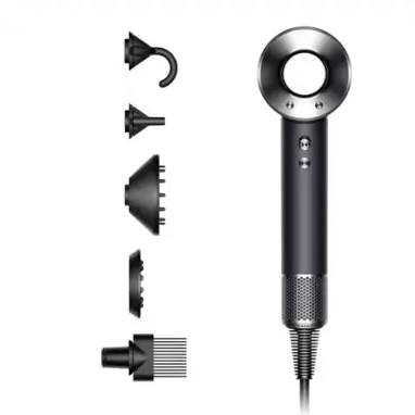 Dyson Supersonic Hair Dryer Black/Nickel with multiple styling attachments for versatile hair drying.